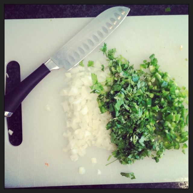 Finely chopped onion, cilantro, and jalapeno.