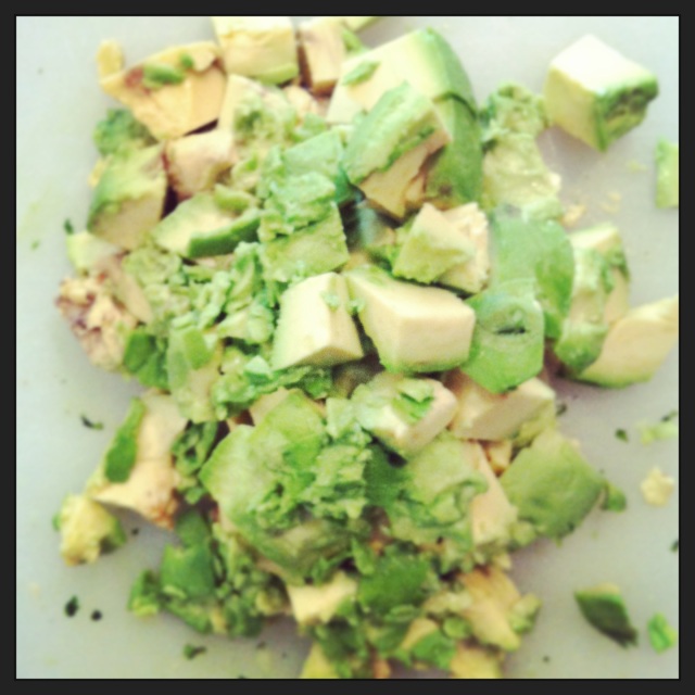 Cubed avocado flesh. You can smash it up roughly with a fork, but it should be CHUNKY.
